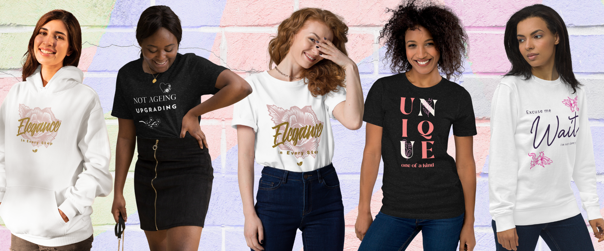 Five women wearing various t-shirts with different designs on a colorful background