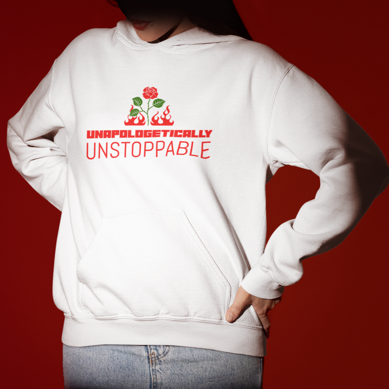 UNAPOLOGETICALLY UNSTOPPABLE Unisex White Eco Raglan Hoodie